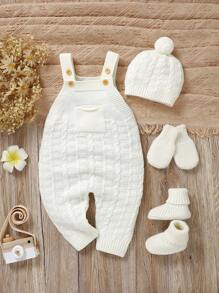 Baby Girl 4 Pieces Knitwear Set Includes A Romper With Overalls, A Hat, Gloves, And Shoes. The Simple Yet Elegant Design Features A Small Pocket On The Chest For A Playful Touch. Made Of Soft, Comfortable Fabric To Keep Your Little One Warm And Cozy. The Carefully Coordinated Colors And Styles Make Dressing Your Baby Easy. The Added Hat, Gloves, And Shoes Provide Comprehensive Warmth And Care. This Practical Yet Stylish Set Is A Perfect Choice For Parents, Combining Functionality And Fashionable Parent-Child Style.