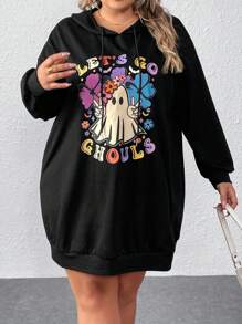 SHEIN CURVE+ Plus Size Cute Pattern Printed Black Hoodie Dress For Halloween - Black - View 4