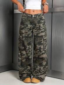 SHEIN ICON 前扣口袋迷彩工装牛仔裤，日常休闲 - 彩色 - 查看 4