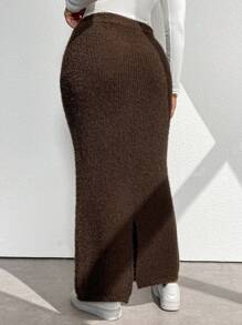 Calvaya 1pc Plus Size Women's Solid Color Maxi Casual Knitted Skirt - قهوة بني - مشاهدة 2