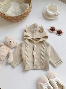 SHEIN Nouveau-né Bébé Garçon/Fille Beige Automne Hiver Vintage Texturé Capuche Cardigan Avec Design Oreille 3D, Décontracté Et Chaud, Adapté Pour Une Utilisation En Intérieur Et Extérieur