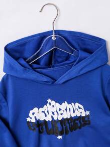 Tween Boy Letter Print Hooded Long Sleeve Sweatshirt - Blue - View 3