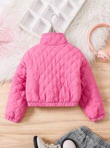 SHEIN 年轻女孩字母贴花绗缝领弹性下摆夹克，冬季 - 粉色 - 查看 6