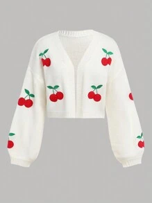 SHEIN Girlism Teen Girls White & Red Cherry Fruit Pattern Embroidered Versatile Cardigan Sweater,In Fall/Winter