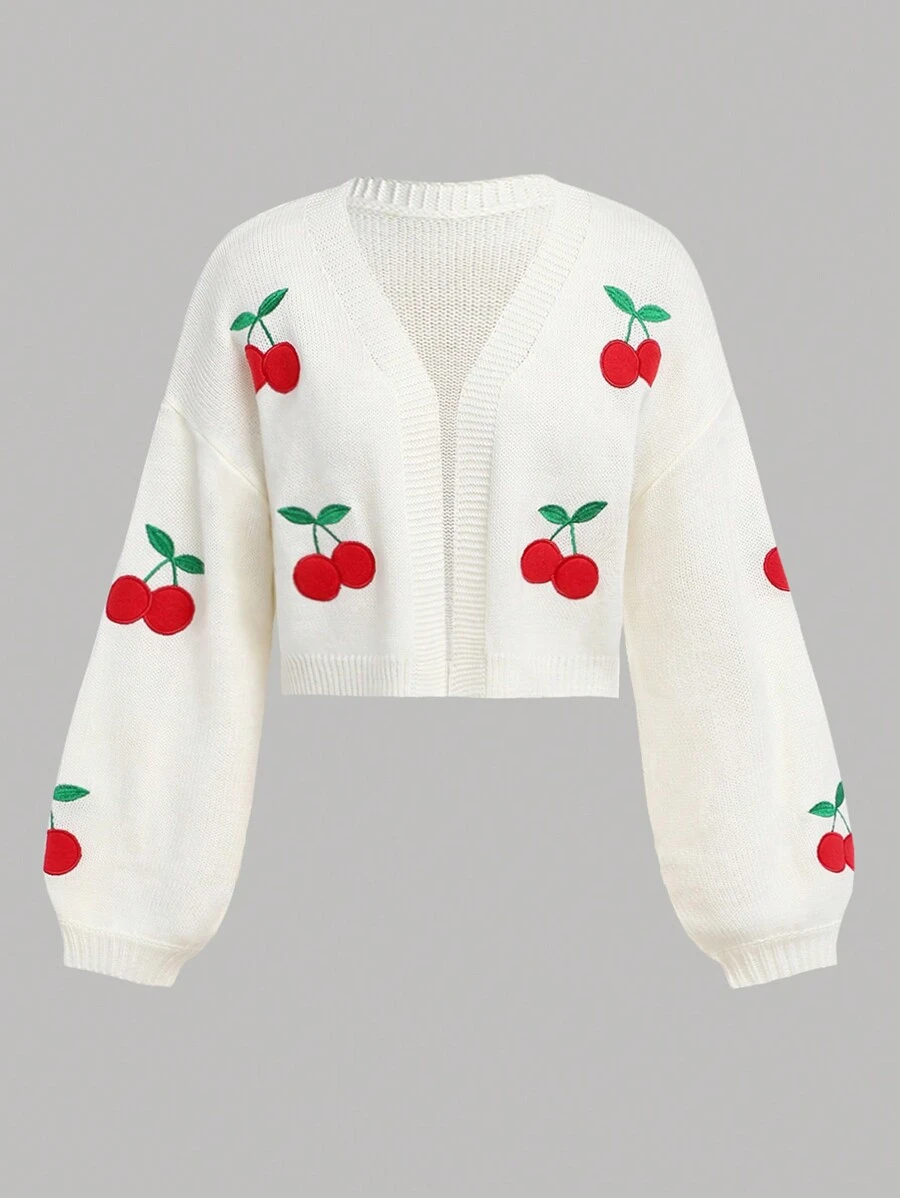 SHEIN Girlism Teen Girls White & Red Cherry Fruit Pattern Embroidered Versatile Cardigan Sweater,In Fall/Winter