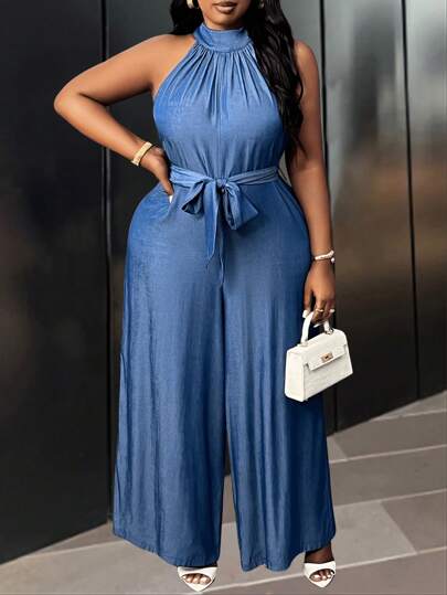 Slaydiva Plus Size Vacation Denim Effect High Neck Wide Leg Split Front Tie Waist Jumpsuit