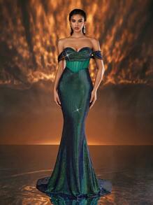 Glamrae Elegant And Gorgeous Dark Green Off-The-Shoulder Stretch Sequin Knit Push-Up And Tight Boned High Waist Mermaid Dress, Suitable For Prom, Wedding Party, Evening Party Prom Dinner Dress (Heavy Industrial Style), Formal Gown, For Wedding Guest, Graduation