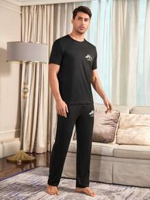 Letter Print Men Short Sleeve Top & Pants Loungewear Set - Black - View 5