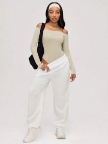 SHEIN BASICS Casualowy, jednolity kolor, dzianinowy, odkryty dekolt, body dla kobiet - Morela - Zobacz 6