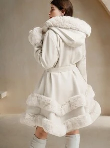 Anewsta Plus Size Solid Color Thick Fluffy Trim Fluffy Fuzzy Cinched Waist Jacket, For Winter Fall Autumn