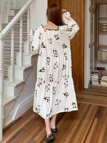 DAZY Women Cute Rabbit Pattern Contrast Trim Drawstring Nightgown