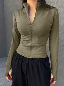 DAZY 女士纯色前拉链长袖夹克，休闲和日常穿着 - 軍綠色 - 查看 5