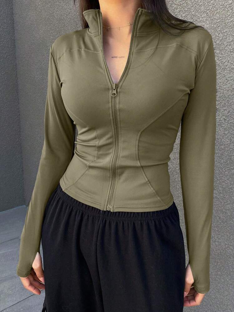 Women's Solid Color Front Zipper Long Sleeve Jacket, Casual & Everyday Wear