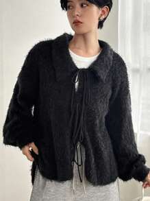 FRIFUL Áo cánh tay dài cổ đứng buộc phía trước rộng rãi cho nữ mùa thu/đông - màu đen - Xem 2