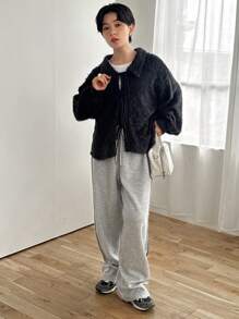 FRIFUL Áo cánh tay dài cổ đứng buộc phía trước rộng rãi cho nữ mùa thu/đông - màu đen - Xem 4