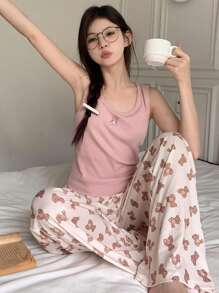 DAZY Bear Print Cami & Pants Pajama Set - Pink - View 6