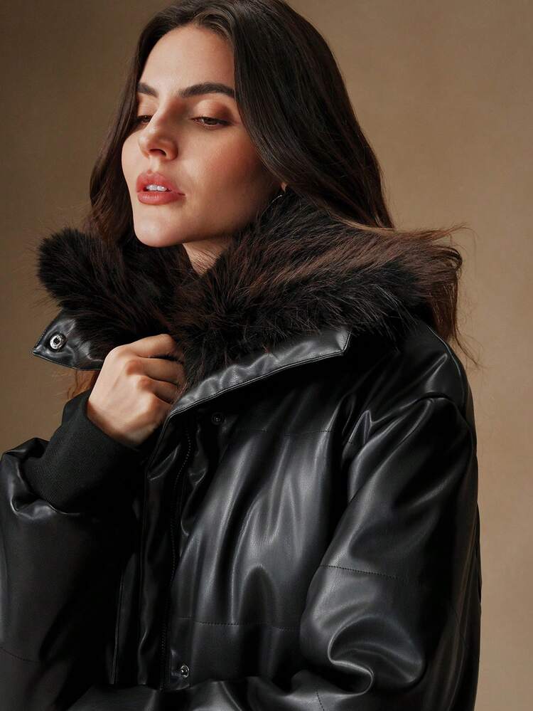 Chaqueta con cuello de piel esponjosa negra, engrosada