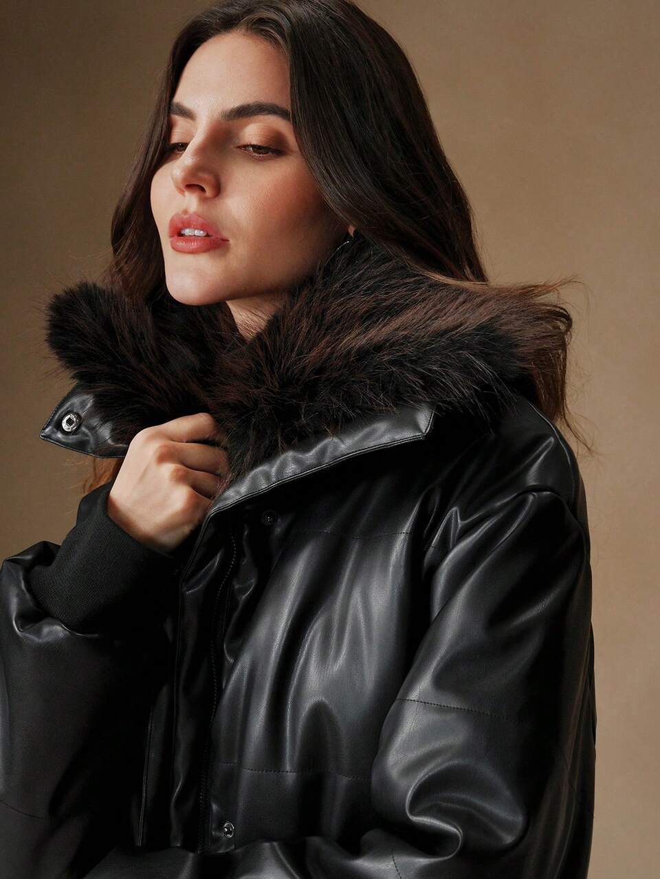 Black Fluffy Collar Leather Jacket, Thickened