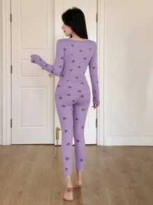 DAZY Bộ đồ ngủ dài tay cổ tròn in hình trái tim cho nữ - Bụi tím - Xem 2