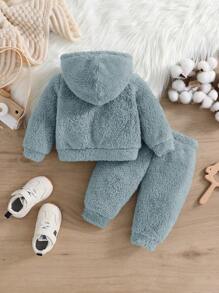 SHEIN 新生男婴/女婴可爱刺绣字母图案连帽夹克和裤子套装，秋冬