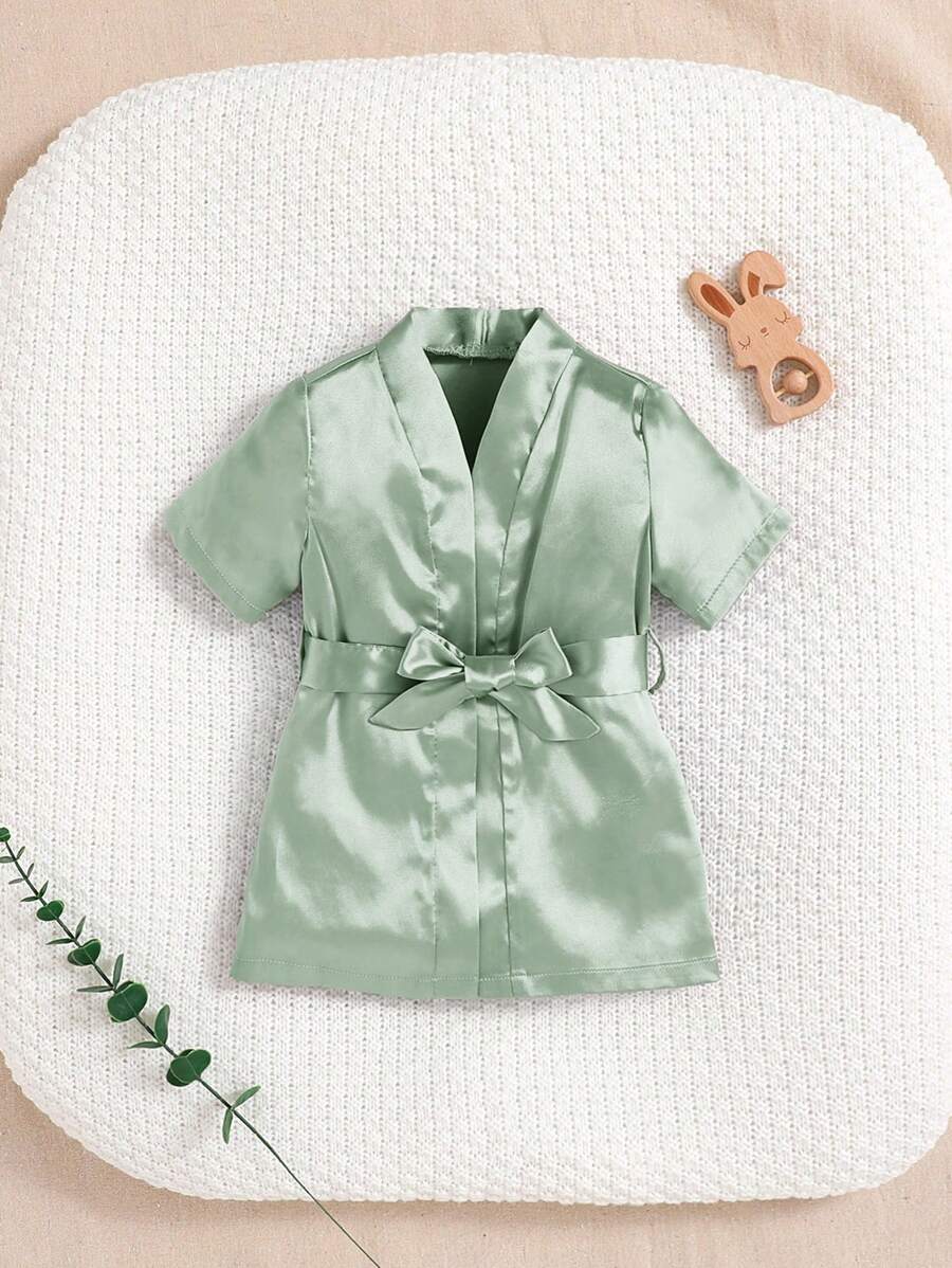 SHEIN 新生女孩柔软纯色缎面长袍带领带 - 薄荷綠 - 查看 1