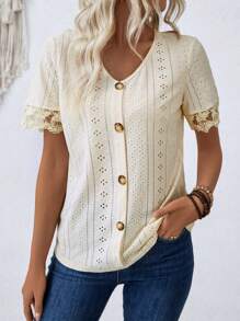 SHEIN LUNE Women's Lace Patchwork V-Neck Short Sleeve Casual T-Shirt