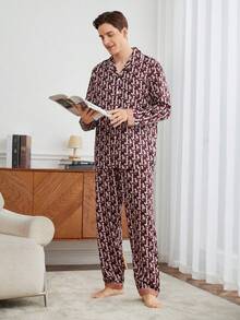 Men's Letter Print Long Sleeve Shirt And Pants Home Wear Set - Multicolor - View 3