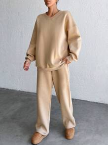 EURMUSE Cotton Solid Color Oversized Drop Shoulder Sweatshirt & Sweatpants Set - Beige - View 4