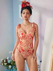 Frida Kahlo X SHEIN X Designer RAUL OROZCO Boho Bohemian Floral Printed Knot Strap Bustier Cami Bodysuit, Holiday, Vacation, Spring & Summer, Festival - Red - View 7