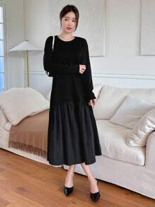 DAZY Women Round Neck A-Line Loose Dress,Ruffle,Fall Clothes Long Sleeve Dress - Black - View 4