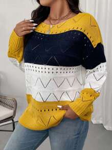 Calvaya Maglione lavorato a maglia con motivo geometrico traforato e blocchi di colore, casual per primavera e autunno, taglie comode