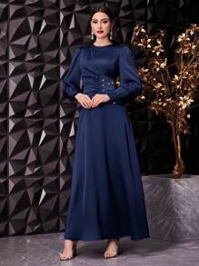 Veilorie 女士褶皱泡泡袖连衣裙，优雅晚宴礼服长款晚礼服 - 藏蓝色 - 查看 6