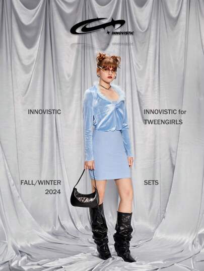 SHEIN 2 pièces/Set Veste court torsadée pour filles adolescentes pour les vacances, assortie à une robe pull, peut être associée à un sac à main, un sac à dos, un sac bandoulière, une casquette de baseball, un béret, des bottines, des ballerines, des lunettes de soleil, des écouteurs