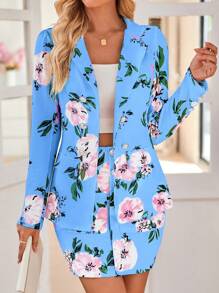 SHEIN Clasi 2pcs/Set Stand Collar Long Sleeve Allover Print Blouse And Mini Skirt Casual Suit - Baby Blue - View 4