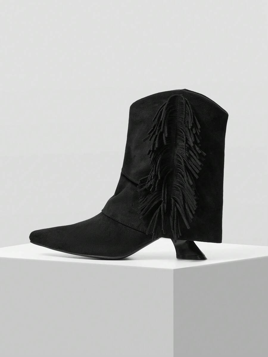 MOTF PREMIUM FASHIONABLE BLACK TASSEL POINTED TOE ANKLE BOOTS FOR WOMEN - Black - View 2