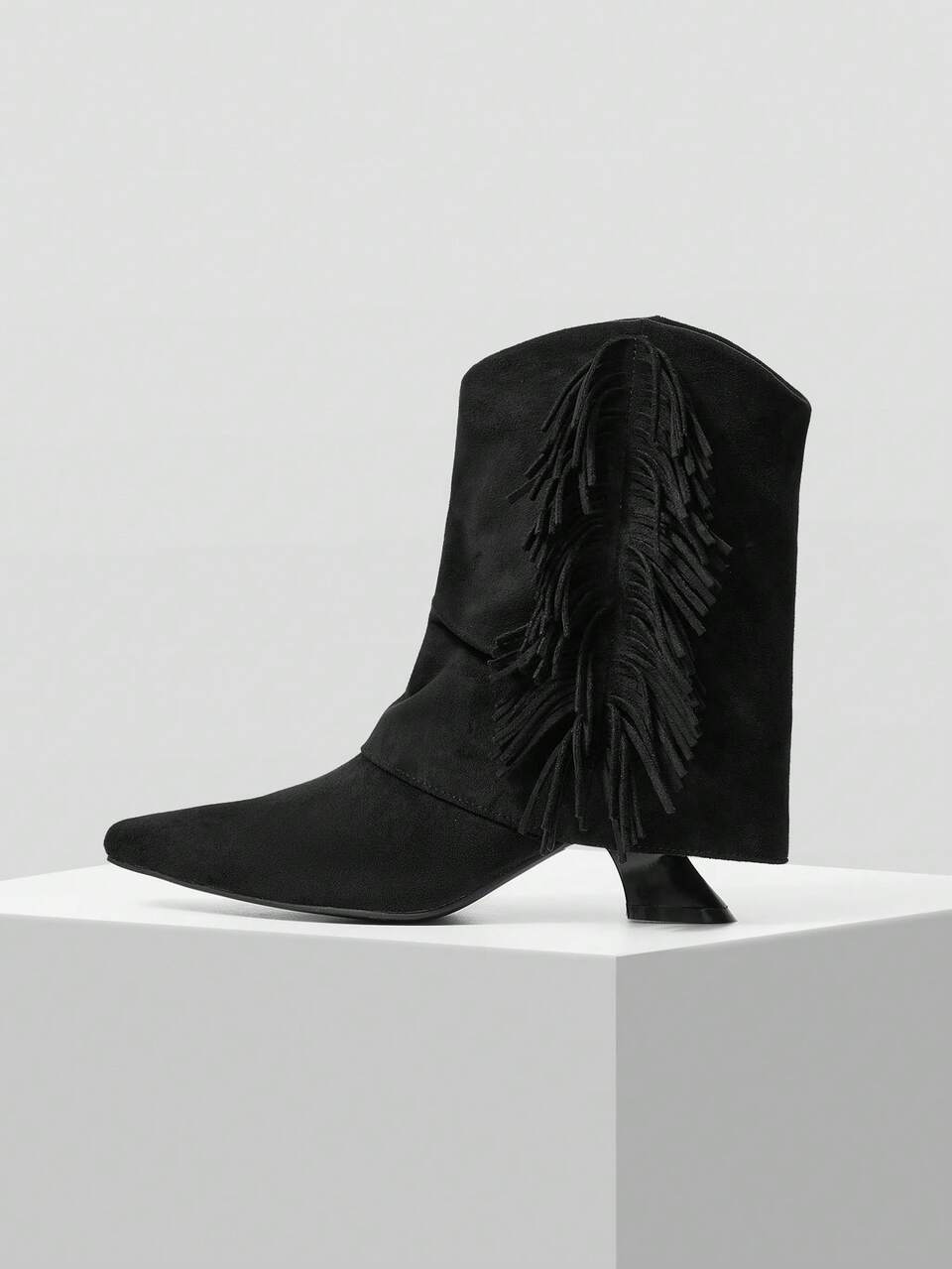 FASHIONABLE BLACK TASSEL POINTED TOE ANKLE BOOTS FOR WOMEN