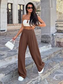 EURMUSE Women Linen Beige Wide Leg Pants - Coffee Brown - View 5