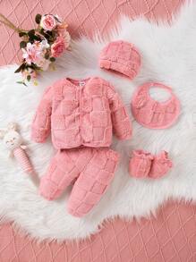SHEIN 5pcs/Set Embroidered & Thermal Lined Clothing Gift Set For Baby Girls, Warm & Comfortable, Casual Style, Fall/Winter - Pink - View 1