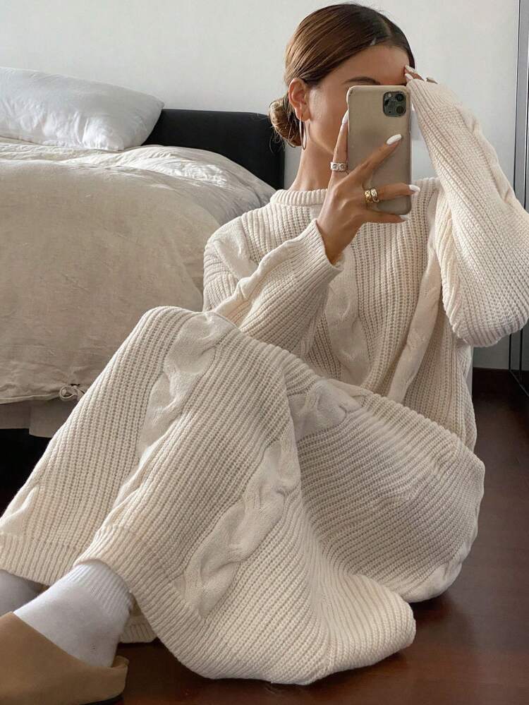 Women's Solid Color Simple Daily Long Sleeve Knit Sweater Dress,Fall Clothes Thermal Lined