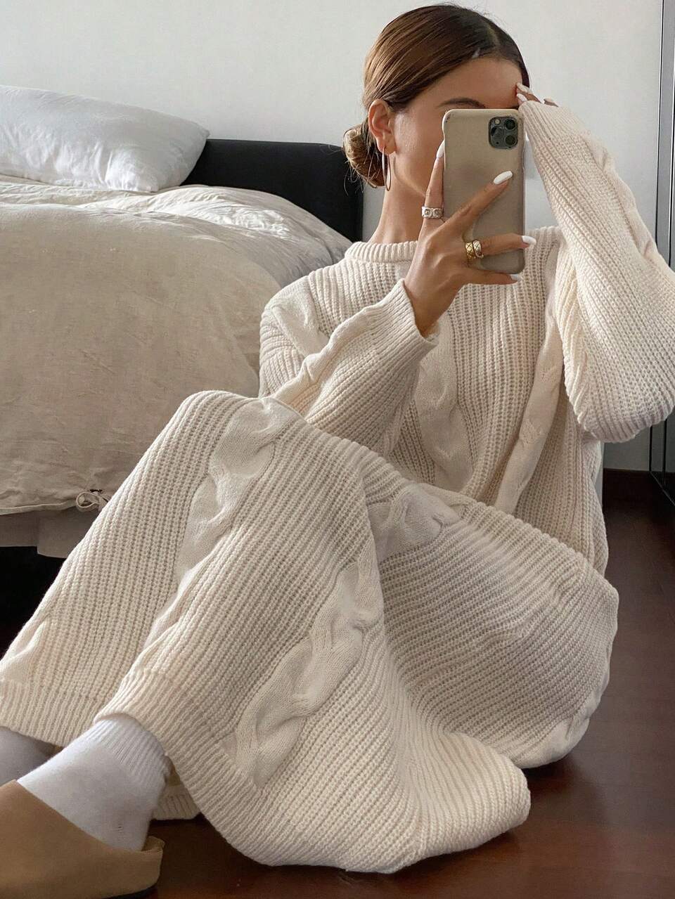 Women's Solid Color Simple Daily Long Sleeve Knit Sweater Dress,Fall Clothes Thermal Lined