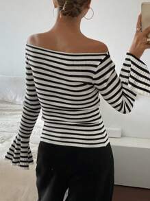 DAZY Blusa de punto con hombros descubiertos a rayas, suéter de otoño para mujer con parte superior de hombros descubiertos - Negro - Ver 2