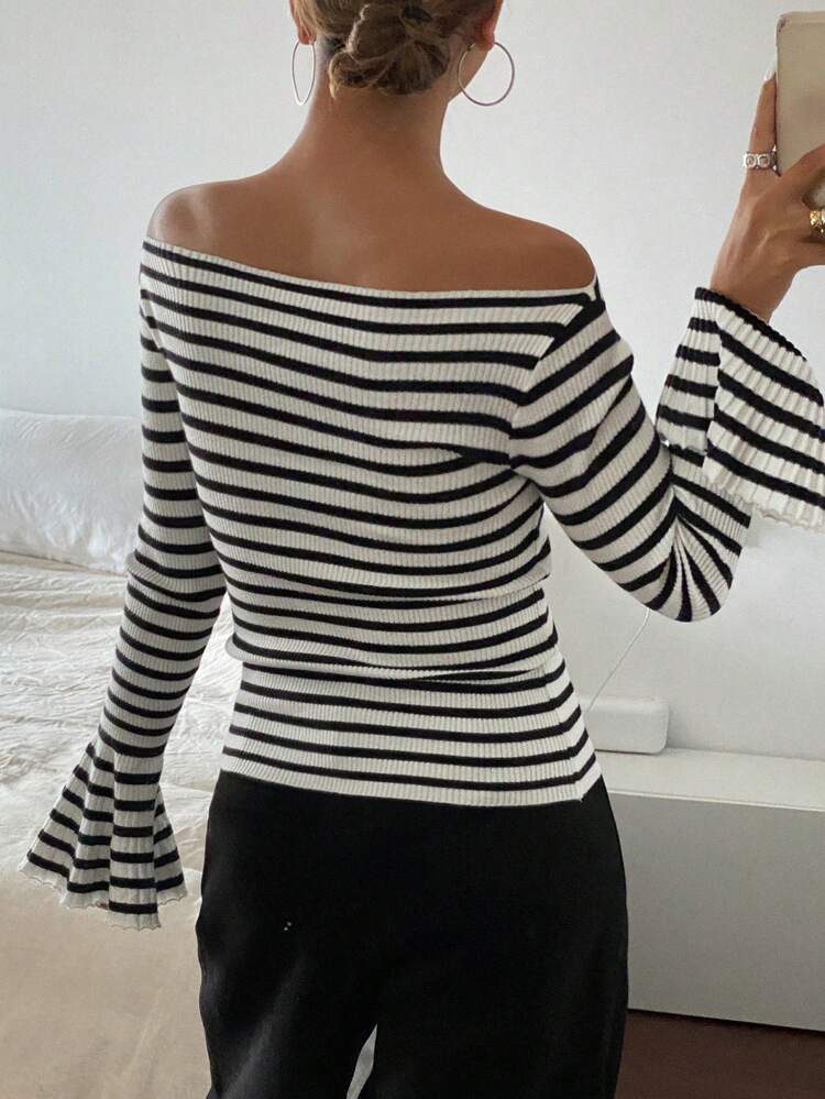 Striped Open Shoulder Knit Blouse,Fall Clothes Women Sweater Off Shoulder Top
