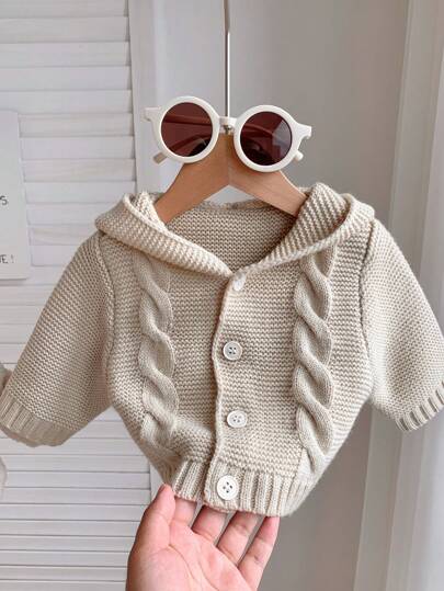 SHEIN Newborn Baby Boy/Girl Beige Autumn Winter Vintage Textured Hoodie Cardigan With 3D Ear Design, Casual And Warm, Suitable For Indoor And Outdoor Use
