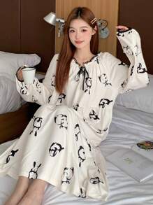 DAZY Women Cute Rabbit Pattern Contrast Trim Drawstring Nightgown