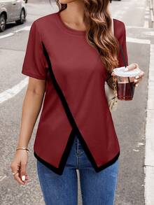 SHEIN Clasi 女士夏季休闲撞色拼接开叉 T 恤 - 酒紅色 - 查看 3