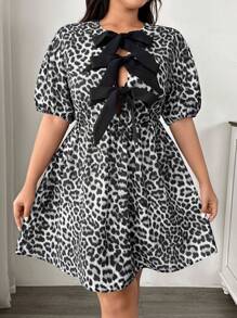 SHEIN EZwear 大码夏季休闲泡泡袖豹纹蝴蝶结腰连衣裙 - 灰色 - 查看 6