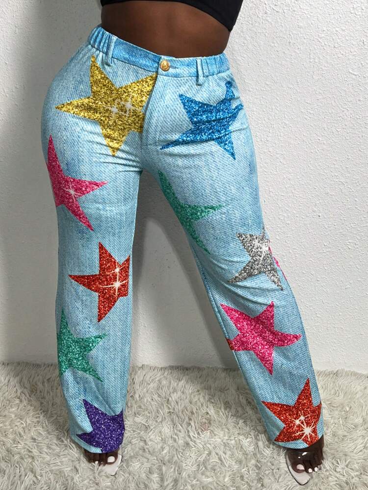 Women's Star Print Denim Effect Pants