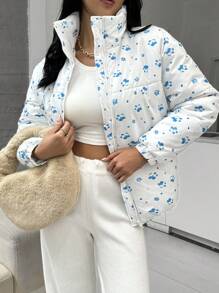 SHEIN Essnce 2024冬季女新款加厚保暖外套时尚百搭休闲立领高领防风碎花加厚面包服防寒保暖-5℃外穿保暖夹克 - 白色 - 查看 1