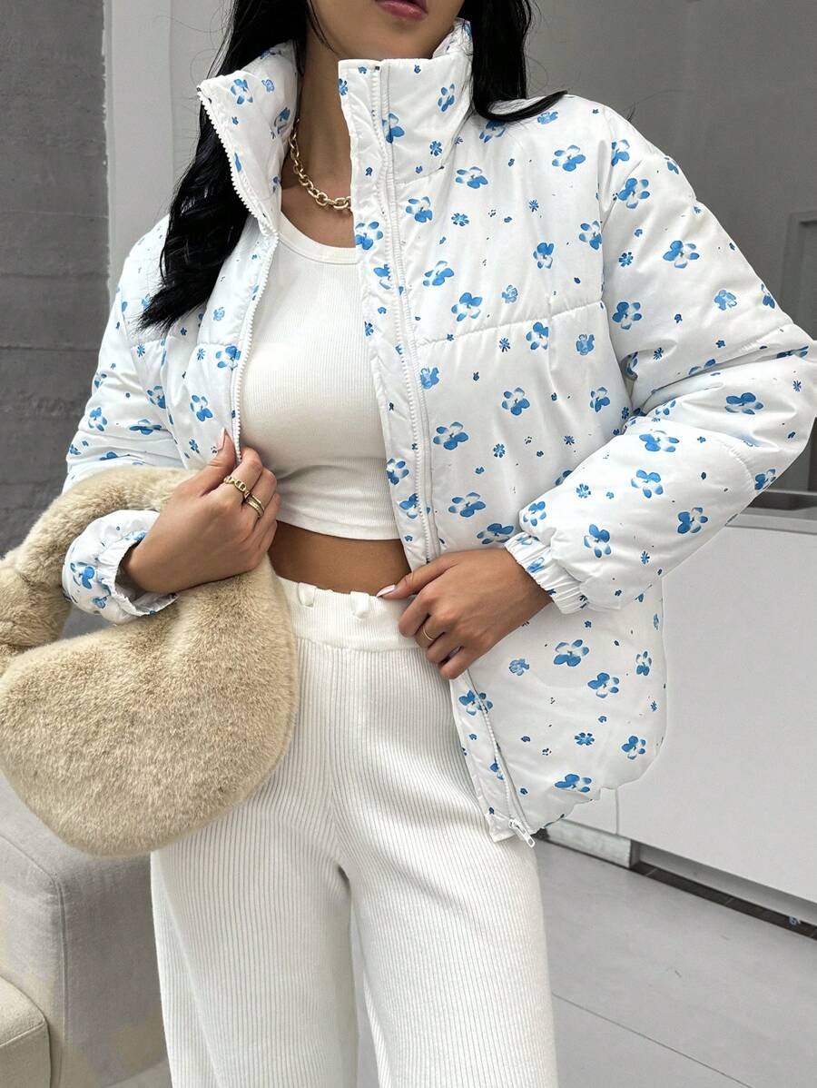 SHEIN Essnce 2024冬季女新款加厚保暖外套时尚百搭休闲立领高领防风碎花加厚面包服防寒保暖-5℃外穿保暖夹克 - 白色 - 查看 1