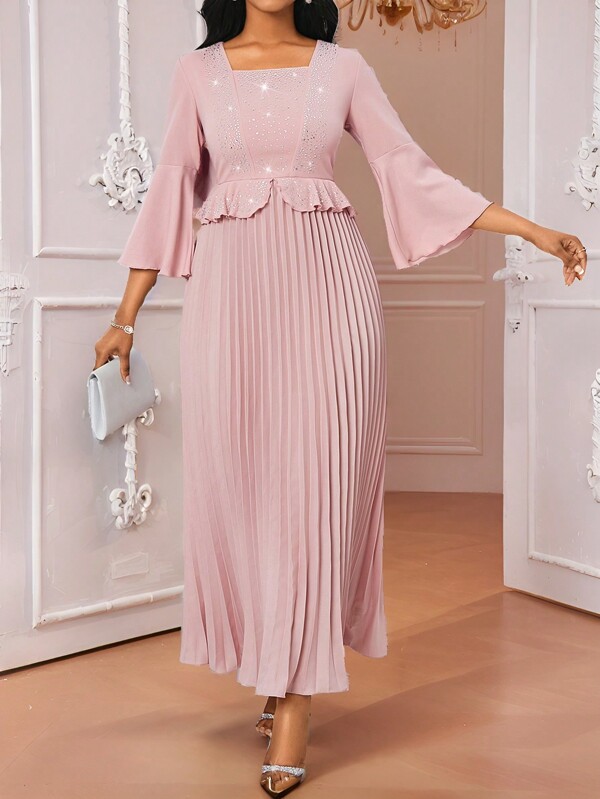 SHEIN Lady Vestido para invitada de boda Vestido largo elegante para damas con pliegues rosas, cintura con cuentas de strass
